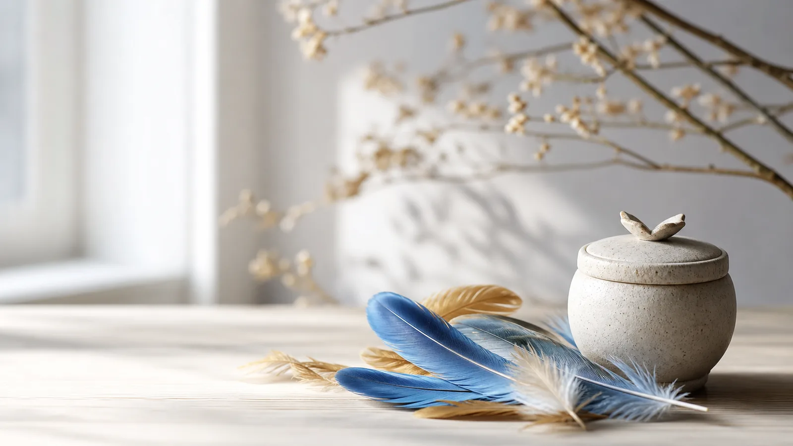Bird remembrance objects — AI-created editorial image, not a provider or facility